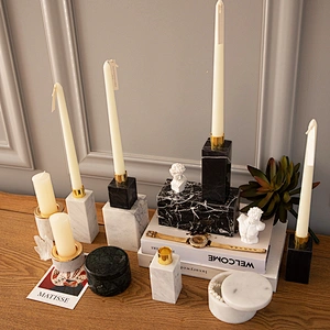 Home Decor White Black Marble Candle Holder Geometric Pillar Marble Handicraft Tabletop Candle Holder with Brass Accents