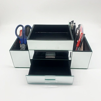Home Deluxe Silver Mirror Jewelry Organizer Box Modern Desktop Cosmetic Makeup Storage Box With 2 Drawer Tiered