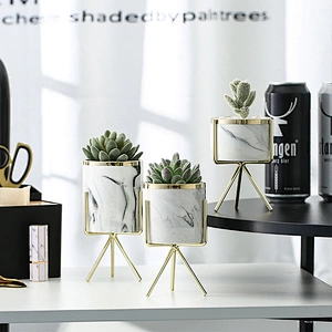 Nordic Creative Home Decoration Succulent  Marble Pattern Ceramic Flower Planter Pot With Metal Stand