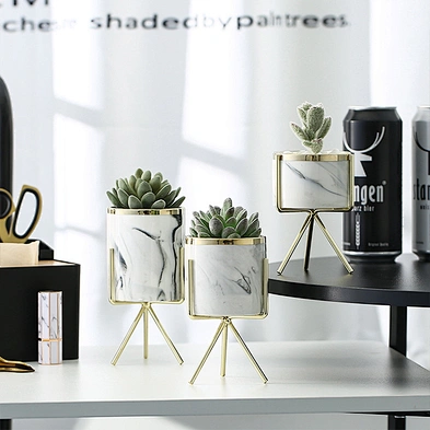 Nordic Creative Home Decoration Succulent  Marble Pattern Ceramic Flower Planter Pot With Metal Stand