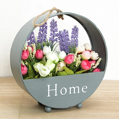 Home Decor Round Shape Wall Hanging Iron Artificial Flower Pot Planter Basket with Braided Rope Handles