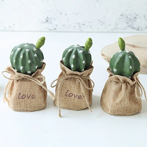 Home Desktop Decoration Green Plants Small Plastic Artificial Cactus Plants With  Burlap Bag