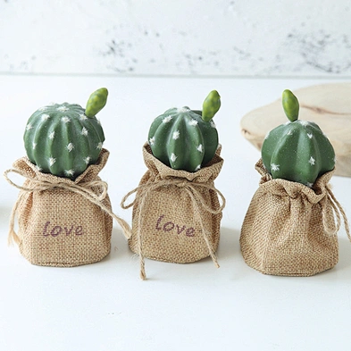 Home Desktop Decoration Green Plants Small Plastic Artificial Cactus Plants With  Burlap Bag