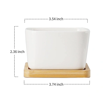 Mini Succulent Planter Garden Pots With Bamboo Tray Bright White Modern Ceramic Garden Pot