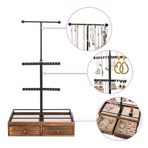 Adjustable Height metal & wood jewellery organizer jewelry necklace bracelet earring ring metal display stand