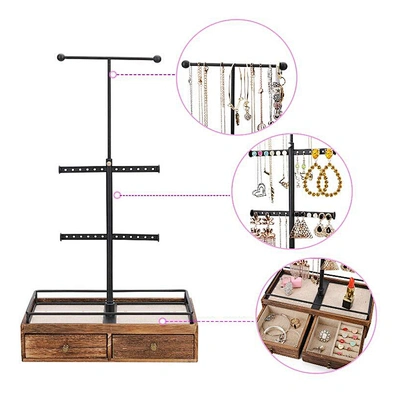 Adjustable Height metal & wood jewellery organizer jewelry necklace bracelet earring ring metal display stand