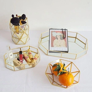 Mirror Tray Glass Tabletop Perfume Vanity Home Decor Jewelry Metallic Gold Metal Mirror Decorative Tray