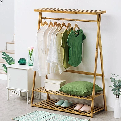 Bamboo Coat Clothes Hanging Heavy Duty Garment Rack with top Shelf and Shoe Clothing Storage Organizer Shelves