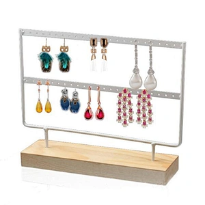 Earring Holder Jewelry Organizer 2 Layers Black Metal Jewelry Display Stand Rack with Wood Base