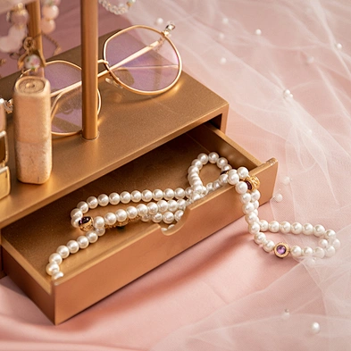 Home Decor Fashion Vintage Round Makeup Cosmetic Vanity Mirror With Jewelry Storage Box Pink T-Shaped Bracelet Holder