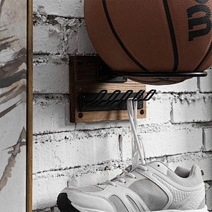 Wall Mounted Rustic Burnt Wood Black Metal Sports Ball Holder Display Rack with 5 Equipment Hanger Hooks