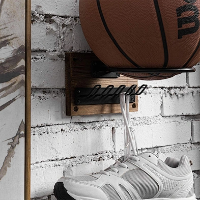 Wall Mounted Rustic Burnt Wood Black Metal Sports Ball Holder Display Rack with 5 Equipment Hanger Hooks