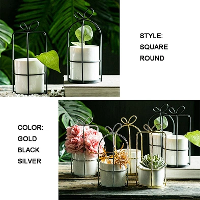 Wrought iron succulent flower pot simple nordic vase iron frame flower stand ceramic hydroponic gilded flower pot