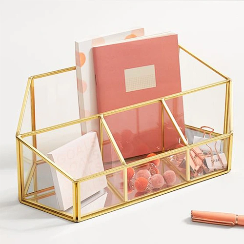 Gold Glass Metal Decorative Divided Desktop Organizer Portable Desk Organizer For Cosmetic Office Supplies