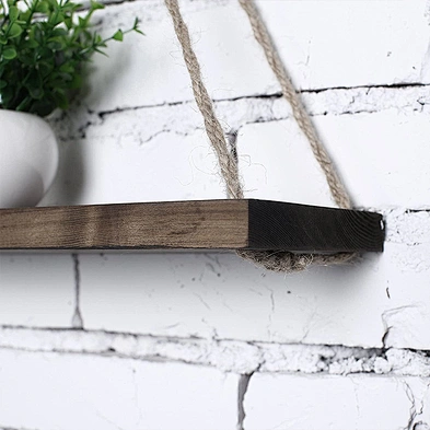 Home Decor  Set of 2 Brown Hanging Shelves Rustic Wood Hanging Swing Rope Floating Shelves