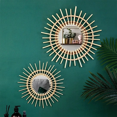 Home decorative Rattan round wall mirror creative art decoration mirror living room entrance mirrors decor wall