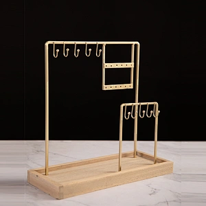 2-Tier Metal Gold Earring Necklace Bracelet Jewelry Organizer Stand with wooden base
