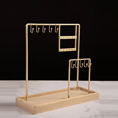 2-Tier Metal Gold Earring Necklace Bracelet Jewelry Organizer Stand with wooden base