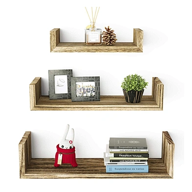 3PCS Carbonized Black Wall Mounted Floating Shelves Solid Wood Wall Shelves For Bedroom Bathroom Living room