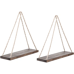 Home Decor  Set of 2 Brown Hanging Shelves Rustic Wood Hanging Swing Rope Floating Shelves