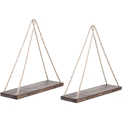 Home Decor  Set of 2 Brown Hanging Shelves Rustic Wood Hanging Swing Rope Floating Shelves