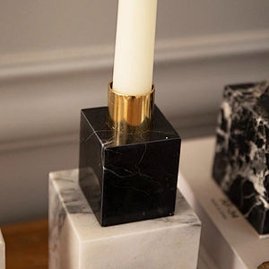Home Decor White Black Marble Candle Holder Geometric Pillar Marble Handicraft Tabletop Candle Holder with Brass Accents