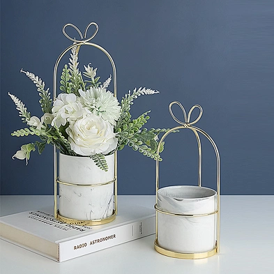 Wrought iron succulent flower pot simple nordic vase iron frame flower stand ceramic hydroponic gilded flower pot