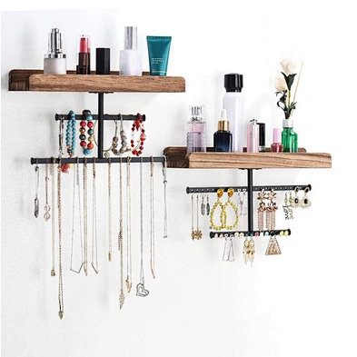 Set of 2 Rustic Style Wall Mounted Wood Jewelry Holder Display Organizer For Necklaces Earrings Bracelet