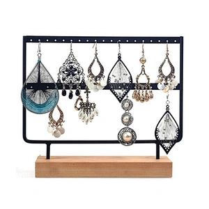 Earring Holder Jewelry Organizer 2 Layers Black Metal Jewelry Display Stand Rack with Wood Base