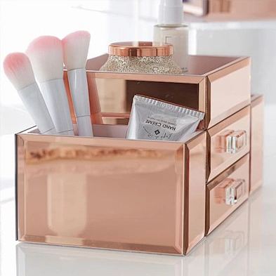 Rose Gold Beauty Storage Organizer Mirrored Glass makeup cosmetic organizer