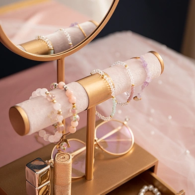 Home Decor Fashion Vintage Round Makeup Cosmetic Vanity Mirror With Jewelry Storage Box Pink T-Shaped Bracelet Holder