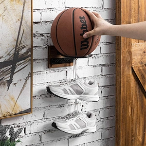 Wall Mounted Rustic Burnt Wood Black Metal Sports Ball Holder Display Rack with 5 Equipment Hanger Hooks