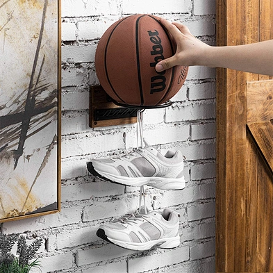 Wall Mounted Rustic Burnt Wood Black Metal Sports Ball Holder Display Rack with 5 Equipment Hanger Hooks