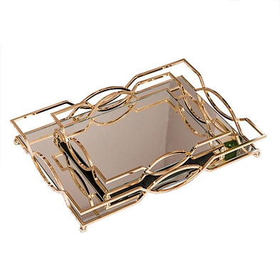Home Decor Gold Mirror Tray Decorative Glass Table Top Perfume Vanity Metal Jewelry Makeup Mirror Tray Organizer