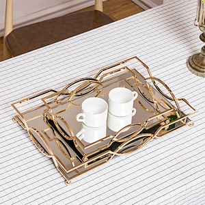 Home Decor Gold Mirror Tray Decorative Glass Table Top Perfume Vanity Metal Jewelry Makeup Mirror Tray Organizer