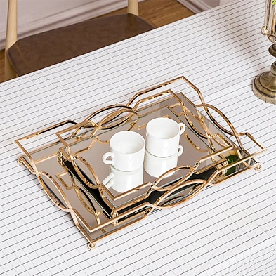 Home Decor Gold Mirror Tray Decorative Glass Table Top Perfume Vanity Metal Jewelry Makeup Mirror Tray Organizer