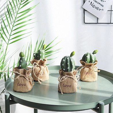 Home Desktop Decoration Green Plants Small Plastic Artificial Cactus Plants With  Burlap Bag
