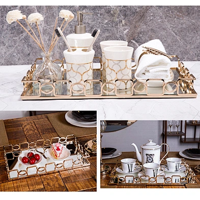 Gold Mirror Dessert Display Tray Perfume Dresser Vanity Tray Metal Decorative Makeup Tray