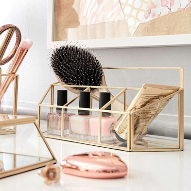 Gold Glass Metal Decorative Divided Desktop Organizer Portable Desk Organizer For Cosmetic Office Supplies
