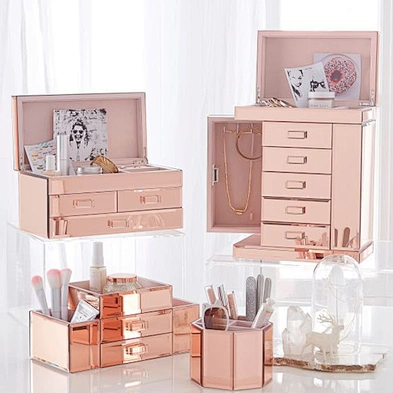 Rose Gold Beauty Storage Organizer Mirrored Glass makeup cosmetic organizer