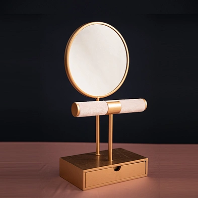 Home Decor Fashion Vintage Round Makeup Cosmetic Vanity Mirror With Jewelry Storage Box Pink T-Shaped Bracelet Holder
