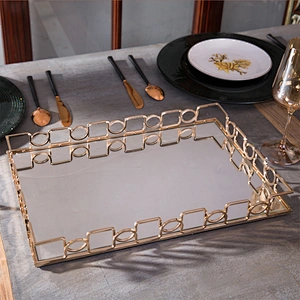 Gold Mirror Dessert Display Tray Perfume Dresser Vanity Tray Metal Decorative Makeup Tray