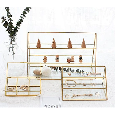 Nordic retro cosmetics jewelry earrings counter display box polygon three-layer glass jewelry storage box