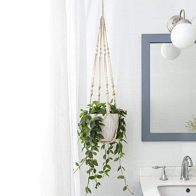 Wholesale White Indoor Outdoor Home Hanging Decor Ivory Hanging Planter Basket With Decorative Ceramic Flower Pot