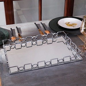 Gold Mirror Dessert Display Tray Perfume Dresser Vanity Tray Metal Decorative Makeup Tray