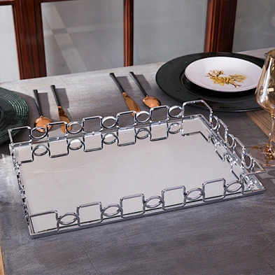 Gold Mirror Dessert Display Tray Perfume Dresser Vanity Tray Metal Decorative Makeup Tray