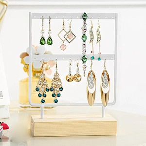 Earring Holder Jewelry Organizer 2 Layers Black Metal Jewelry Display Stand Rack with Wood Base