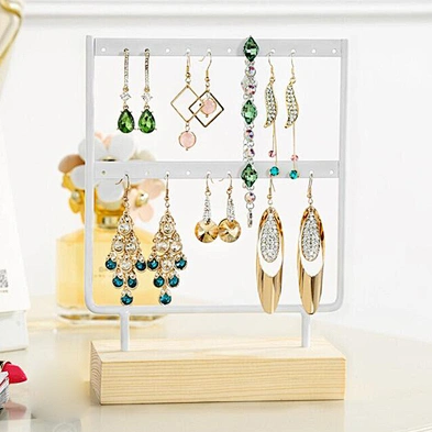 Earring Holder Jewelry Organizer 2 Layers Black Metal Jewelry Display Stand Rack with Wood Base