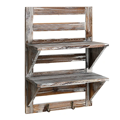 Brown Rustic Wood 2 Hooks 2-Tier Storage Rack Wall Mounted Organizer With Key Rack