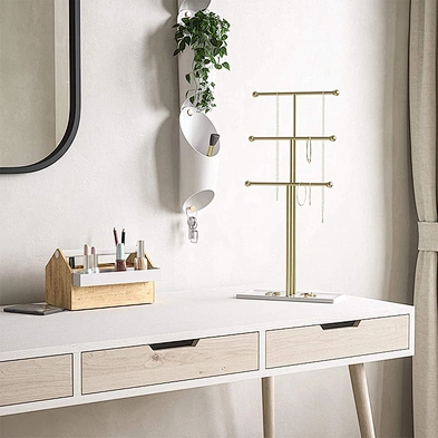 3 Tier Table Top Metal Necklace Bracelet Holder Hanging Jewelry Organizer With Jewelry Tray Base